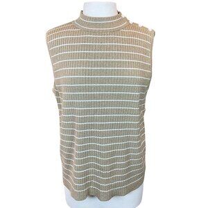 Talbots Sleeveless Ribbed Metallic Gold Stripe Sweater Button Accents XL